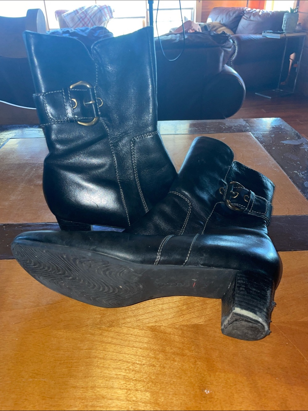Ecco Black Leather Ankle Boots with bronze/black Buckle, size 9
